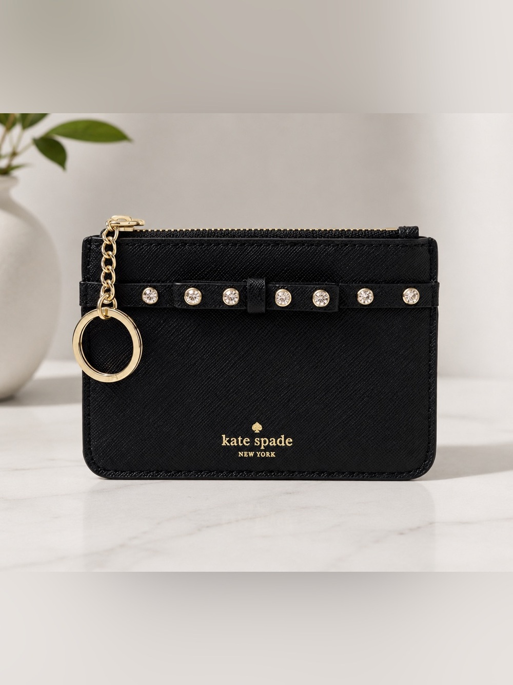 kate spade Black Leather Card Holder with Gold Keyring and Crystal Accents